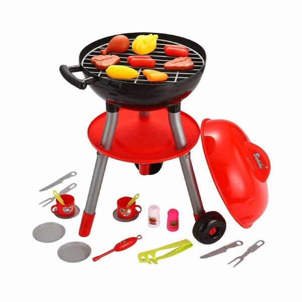 Kids Kitchen BBQ Grill Barbeque Playset Pretend Play Set with Cooking Food Utensils Sound Lighting Charcoal 46x40x60cm