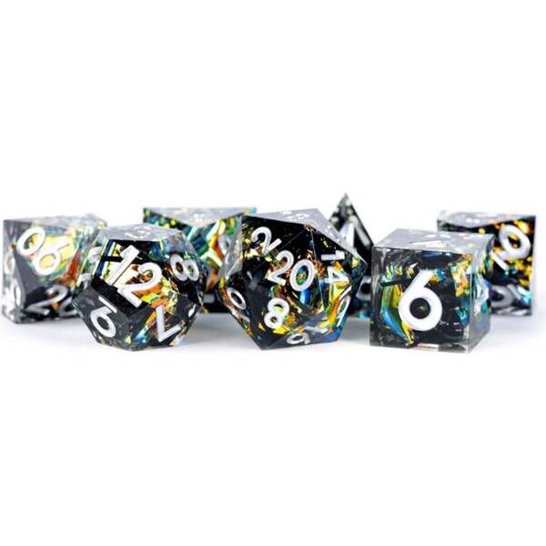 7pc Fanroll by Metallic Sharp Edge Resin Tabletop Gaming Dice Set Simmering Coal