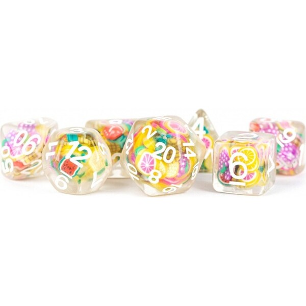 7pc Fanroll by Metallic MDG Polyhedral Resin Fruit Dice Set Tabletop Gaming 16mm