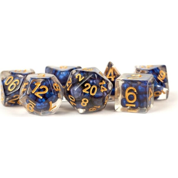 MDG Resin Pearl Polyhedral Set Gaming Dice RPGs Royal Blue w/ Gold Numbers 1.6cm