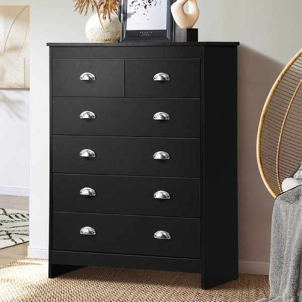 Oikiture 6 Chest of Drawers Tallboy Dresser Table Storage Cabinet Black