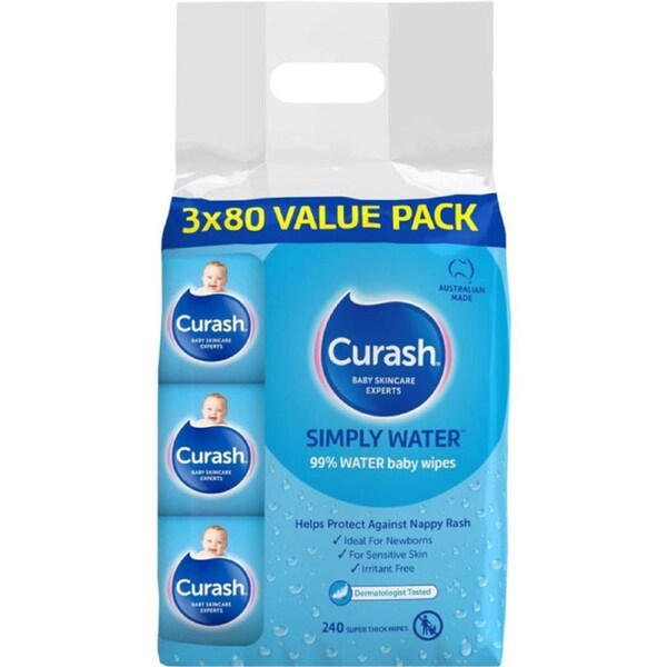 3 x 80 Value Pack Curash Simply Water Baby Wipes - Ideal for Newborns - pH Balanced - Thick and Soft Design - Soap Alcohol Paraben & Irritant Free - Wet Wipes - Baby Essentials 240 wipes