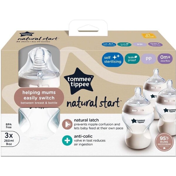 Tommee Tippee Baby Bottles Natural Start Anti-Colic Baby Bottle with Slow Flow Breast-Like Teat 260ml 0m+ Self-Sterilising 3 Pack