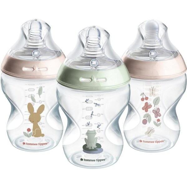 Tommee Tippee Baby Bottles Natural Start Anti-Colic Baby Bottle with Slow Flow Breast-Like Teat 260ml 0m+ Self-Sterilising Decorated 3 Pack