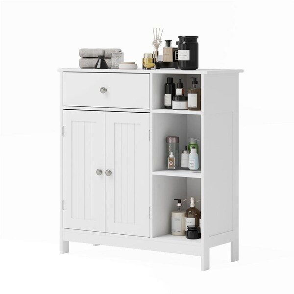 Advwin Bathroom Cabinet Floor Storage Cupboard with 3-Tier Shelf & Drawer Wooden Freestanding Organizer Unit White