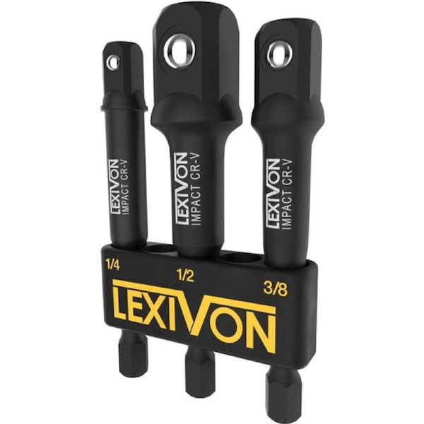 LEXIVON Impact Grade Socket Adapter Set, 3" Extension Bit With Holder - 3-Piece 1/4", 3/8", and 1/2" Drive, Adapt Your Power Drill To High Torque Impact Wrench (LX-101)