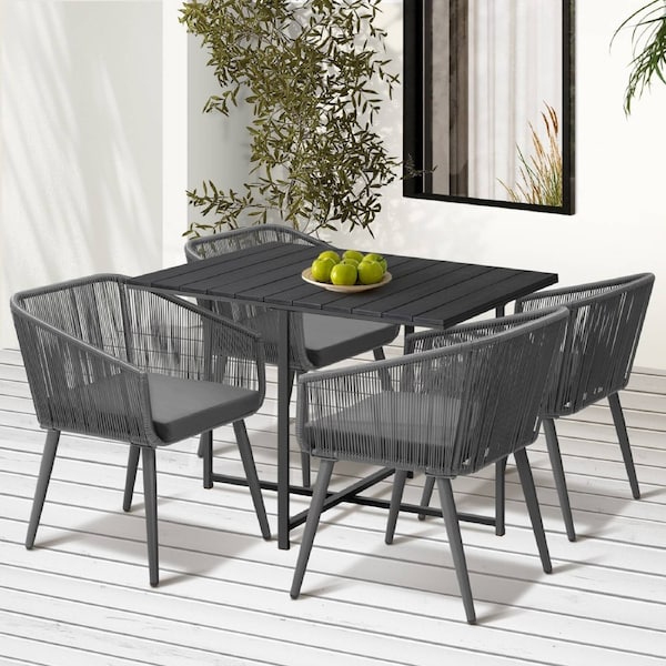 Livsip 5PCS Outdoor Dining Set Furniture Black Table Lounge Chairs Patio Setting