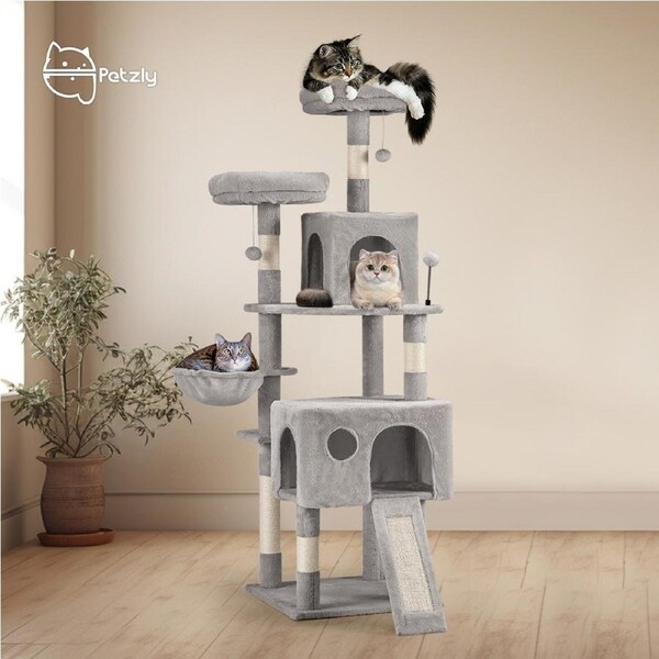 Petzly Cat Tree Tower Scratching Post Scratcher Condo House Bed 164cm Grey