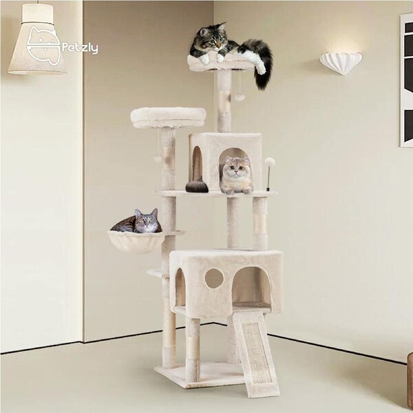 Petzly Cat Tree Tower Scratching Post Scratcher Condo House Bed 164cm Beige