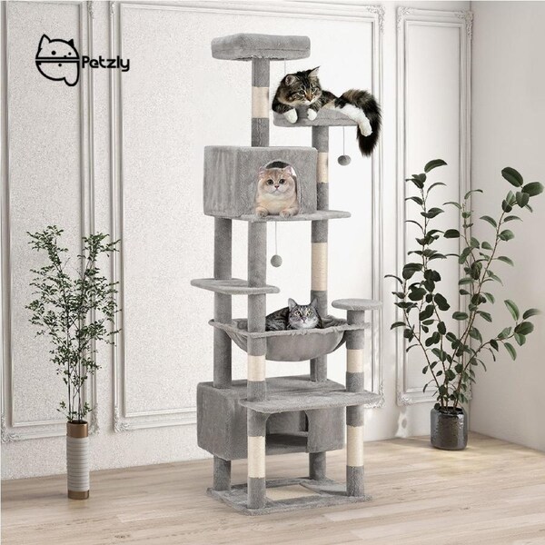 Petzly Cat Tree Tower Scratching Post Scratcher Condo House Bed 180cm Grey