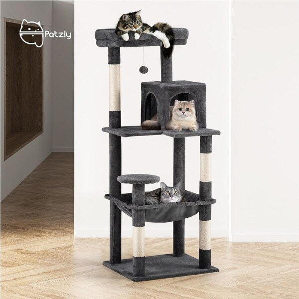 Petzly Cat Tree Tower Scratching Post Scratcher Condo House Bed 142cm Dark Grey