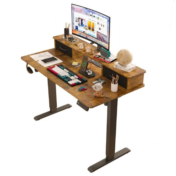 Advwin Electric Standing Desk with Monitor Stand and 2 Fabric Drawers Walnut