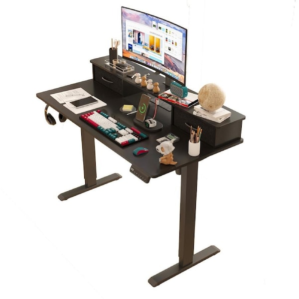 Advwin Electric Standing Desk with Monitor Stand and 2 Fabric Drawers Black