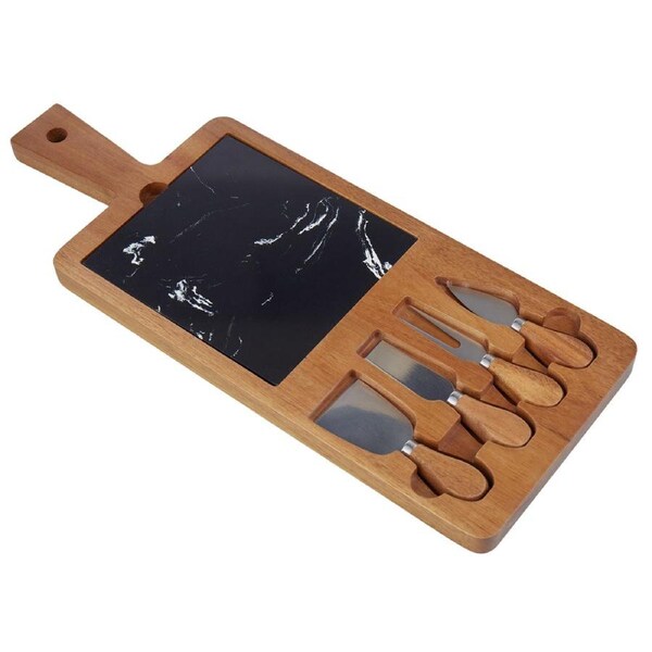 4pc Davis & Waddell Acacia/Marble Cheese Board w/ 4 Knives Set Natural/Black