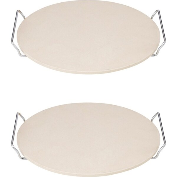 2x Davis & Waddell Round Pizza Stone Baking Tray w/ Rack 36x33cm Natural/Silver
