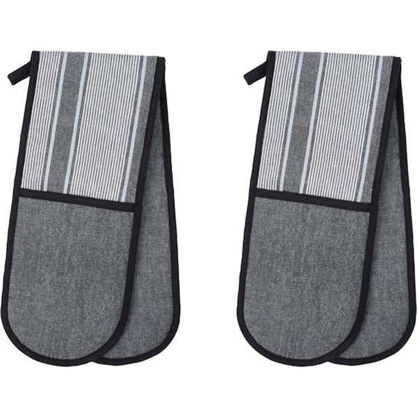 2x Davis & Waddell Ellis Cotton Double Oven Glove Mitt 18x90cm Black/WHT Stripe