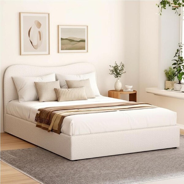 Artiss Bed Frame King Mattress Base Wooden Platform Boucle Beige DARA