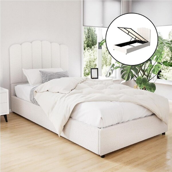 Artiss Bed Frame Gas Lift King Single Storage Base Bedroom Furniture Boucle Fabric White FION