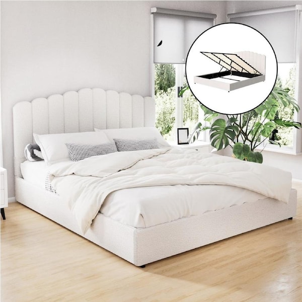 Artiss Bed Frame Gas Lift King Storage Base Bedroom Furniture Boucle Fabric White FION