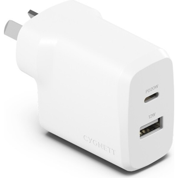 Cygnett PowerPlus 32W USB-C & USB-A Dual Port Wall Fast Travel Charger White