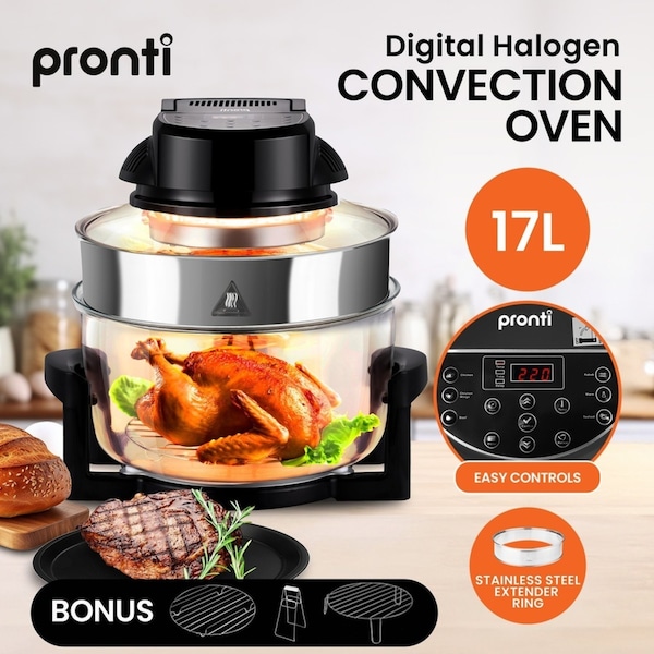Pronti 17L Digital Halogen Turbo Black Convection Oven Broiler Cooker 1400W Defrost - Black