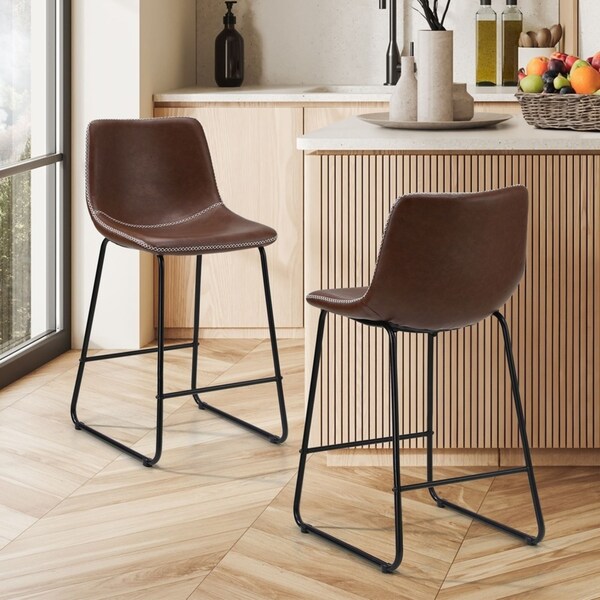 Oikiture 2x Bar Stools Kitchen Chairs PU Leather Brown