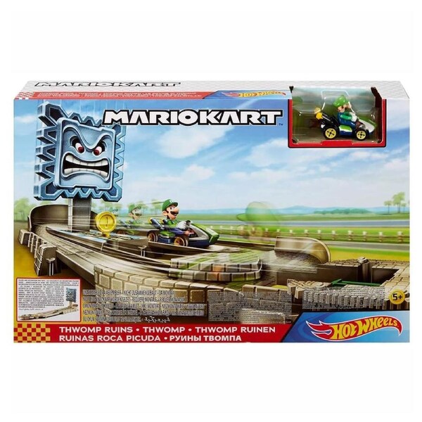 Hot Wheels Mario Kart Thwomp Ruins Track Set with Luigi