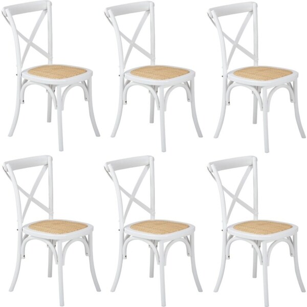 Oikiture 6PCS Crossback Dining Chair Solid Birch Timber Wood Ratan Seat White