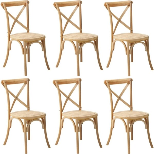 Oikiture 6PCS Crossback Dining Chair Solid Birch Timber Wood Ratan Seat Natural