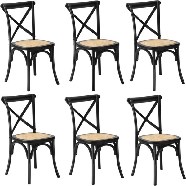 Oikiture 6PCS Crossback Dining Chair Solid Birch Timber Wood Ratan Seat Black