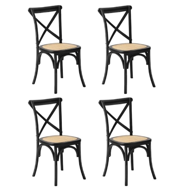 Oikiture 4PCS Crossback Dining Chair Solid Birch Timber Wood Ratan Seat Black