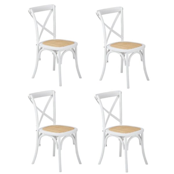 Oikiture 4PCS Crossback Dining Chair Solid Birch Timber Wood Ratan Seat White