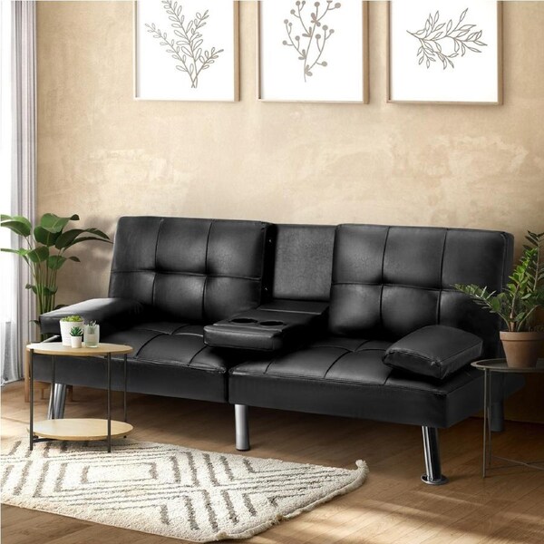 Oikiture Sofa Bed Lounge Leather 3 Seater Futon Couch Beds Sofabeds Cup Holder Recliner Black