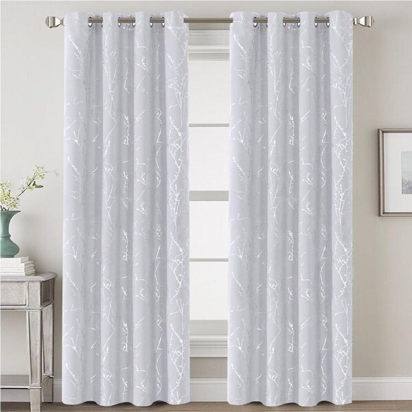 2x Blackout Foil Print Twig Tree Branch Curtain Drapes for Living Bedroom W132cm X D160cm / Greyish White