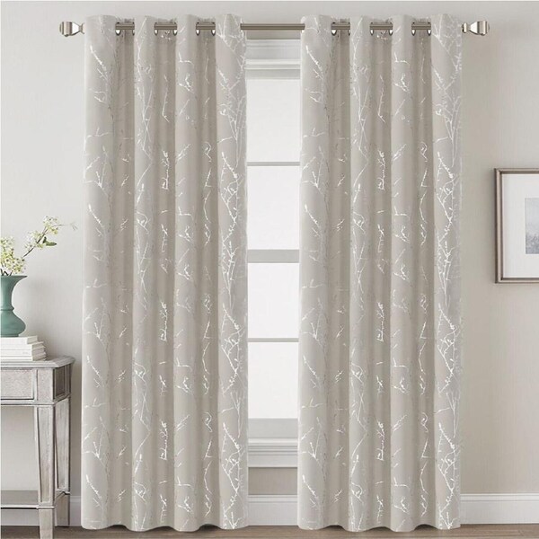 2x Blackout Foil Print Twig Tree Branch Curtain Drapes for Living Bedroom W132cm X D160cm / Stone