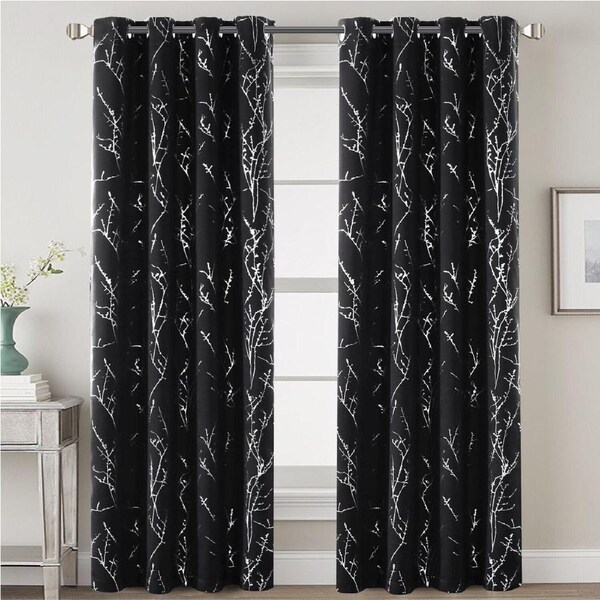 2x Blackout Foil Print Twig Tree Branch Curtain Drapes for Living Bedroom W132cm X D160cm / Jet Black