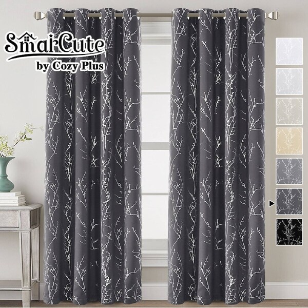 2x Blackout Foil Print Twig Tree Branch Curtain Drapes for Living Bedroom W132cm X D160cm / Charcoal Grey