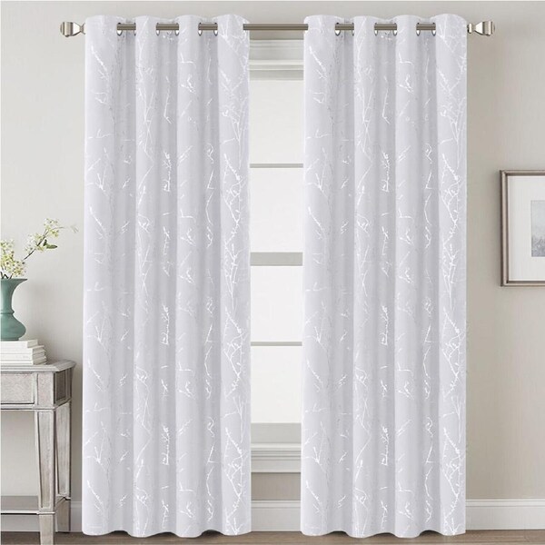 2x Blackout Foil Print Twig Tree Branch Curtain Drapes for Living Bedroom W132cm X D213cm / Pure White
