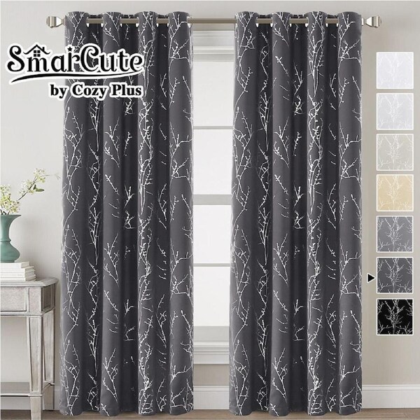 2x Blackout Foil Print Twig Tree Branch Curtain Drapes for Living Bedroom W132cm X D213cm / Grey