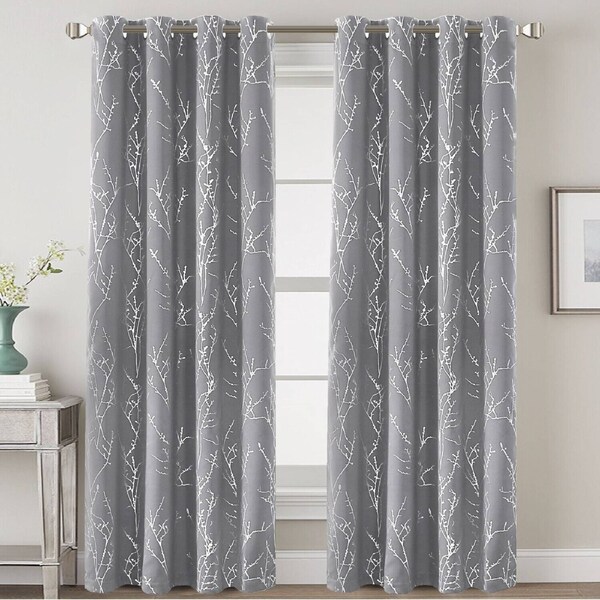 2x Blackout Foil Print Twig Tree Branch Curtain Drapes for Living Bedroom Grey / W132cm X D243cm