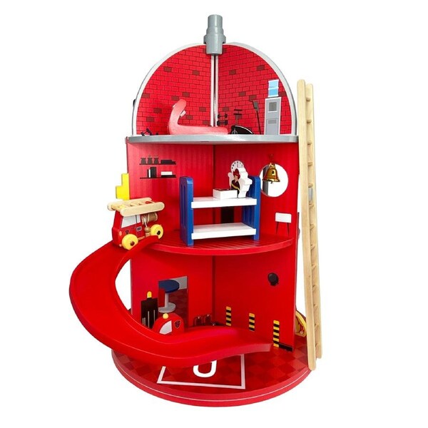 Teamson Kids Wooden Fire Station Playset 3 Storey with 25pc Figurines Set, Red