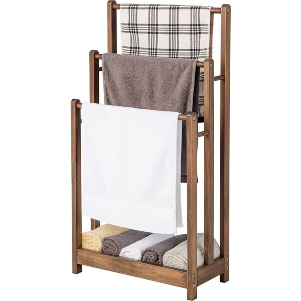 Costway Freestanding Wooden Towel Rack 3-Tier Towel Rack Holder w/Bottom Storage Shelf Coffee