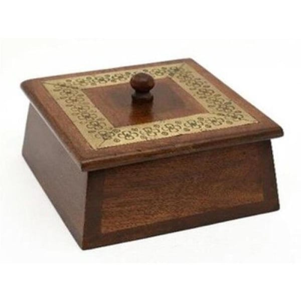Willow & Silk Trinket Box Handmade 15cm Brown Wooden W/Golden Metal Inlay Antique Gold