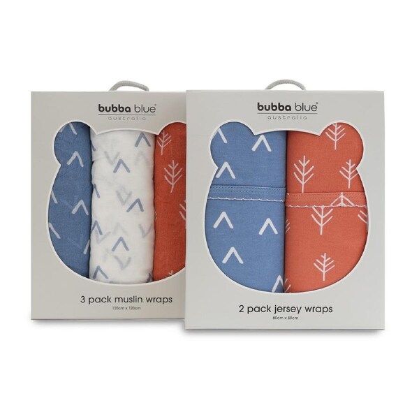 Bubba Blue 5 Piece Nordic Denim/Clay 2 x Jersey Wraps & 3 x Muslin Wraps Combo