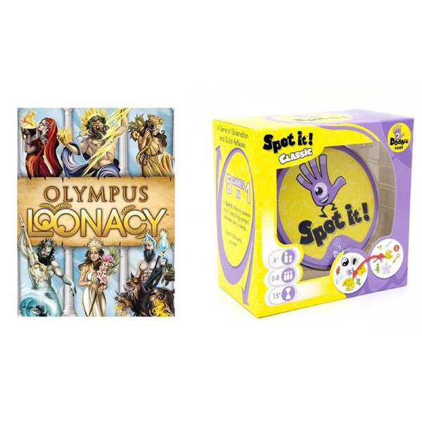 Looney Labs Olympus Loonacy And Moose Spot It Card Game w/ Tin Case Set 7y+