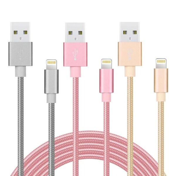 [3 Pack] 2M USB 2.1A Fast Charger Cable Naylon Braided For Apple iPhone 14 13 12 11 XR X S Max Charging Cord - Silver/Pink/Gold