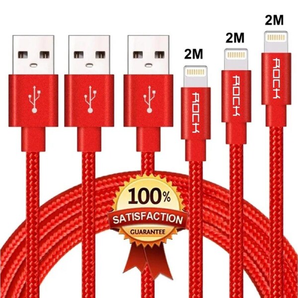 [3 Pack] 2M USB 2.1A Fast Charger Cable Naylon Braided For Apple iPhone 14 13 12 11 XR X S Max Charging Cord - Red