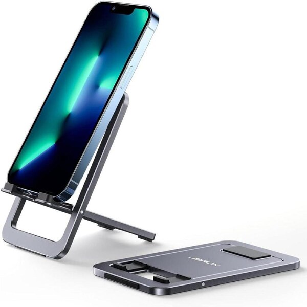 Phone Holder, Portable Foldable Mobile Phone Stand, Aluminum Adjustable Phone Holder Desk Compatible for iPhone 15 Pro Max/15 Pro/15 Plus 14 13 12 11, Samsung S23 S22, Switch, iPad 4-8'' (Grey)