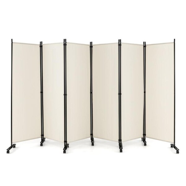 Costway 6-Panel Folding Room Divider 1.72m Rolling Privacy Screen w/ Lockable Wheels White