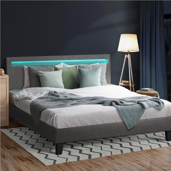 Oikiture Bed Frame RGB LED Queen Double King Wooden Slats Fabric Leather Queen-Grey Fabric